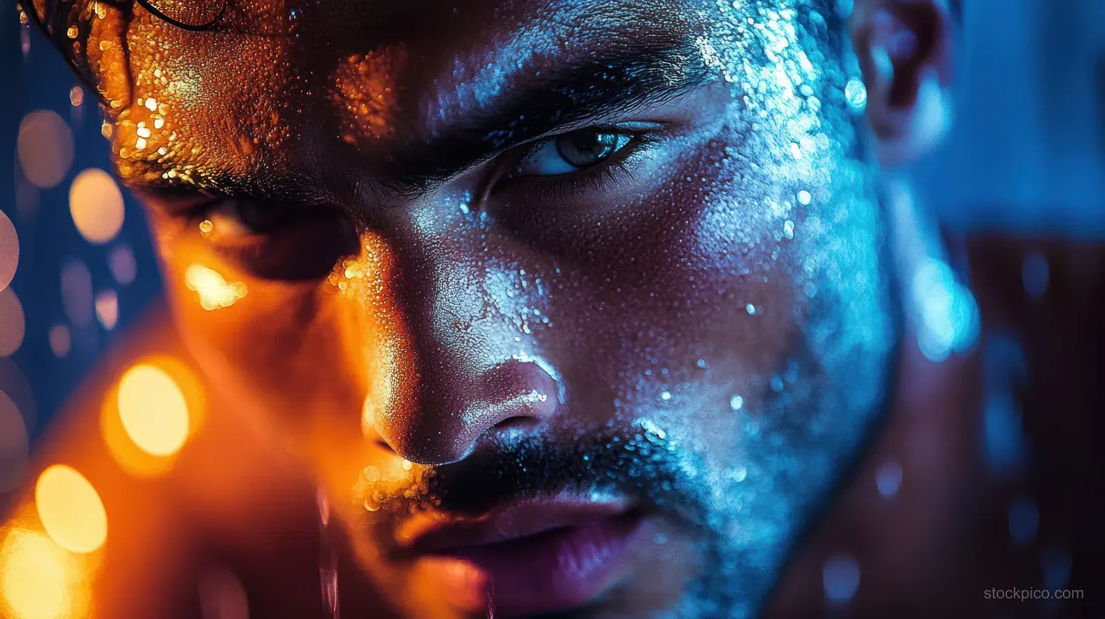 Close-up portrait of a wet man’s face with water droplets under warm orange and cool blue lighting.