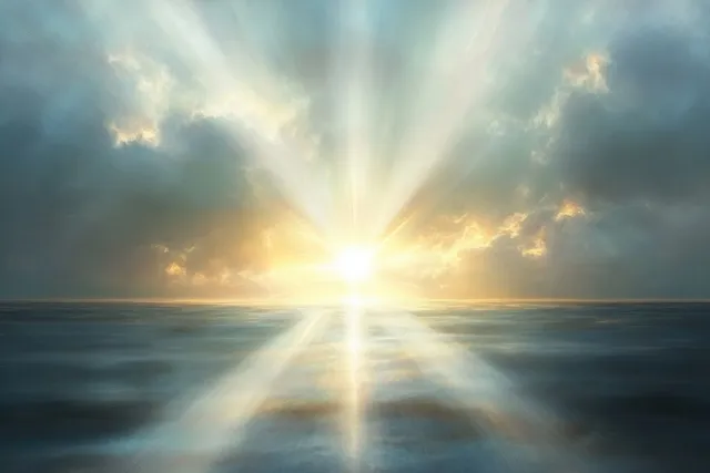 Sunrise light rays spread from the horizon over calm ocean water under soft cloudy skies.
