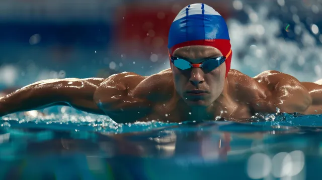 Male swimmer in breaststroke thrusting forward with splashes at the edge of a clear indoor pool.