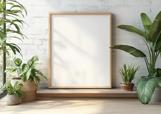 Blank picture frame on a shelf with potted green plants around it against a pale wall.