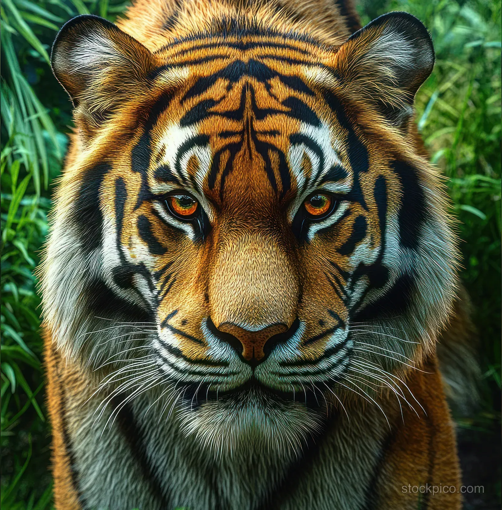 A tiger stares directly at the camera with amber eyes surrounded by green foliage in a close-up portrait.
