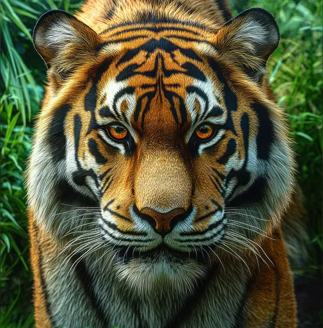 A tiger stares directly at the camera with amber eyes surrounded by green foliage in a close-up portrait.