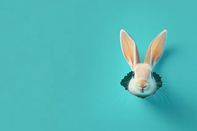 Curious light-brown rabbit peeking through torn hole in turquoise wall, ears upright