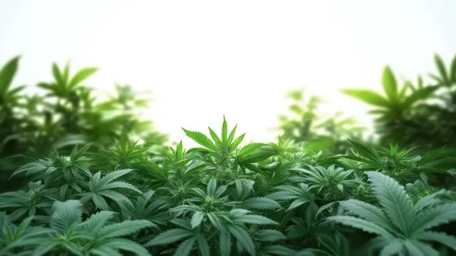 Close-up cannabis leaves growing densely under bright diffused outdoor sunlight