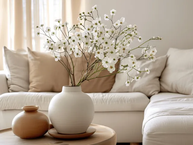 Beige ceramic vase with white flowers sits on a coffee table beside cream cushions in a sunlit minimalist living room.