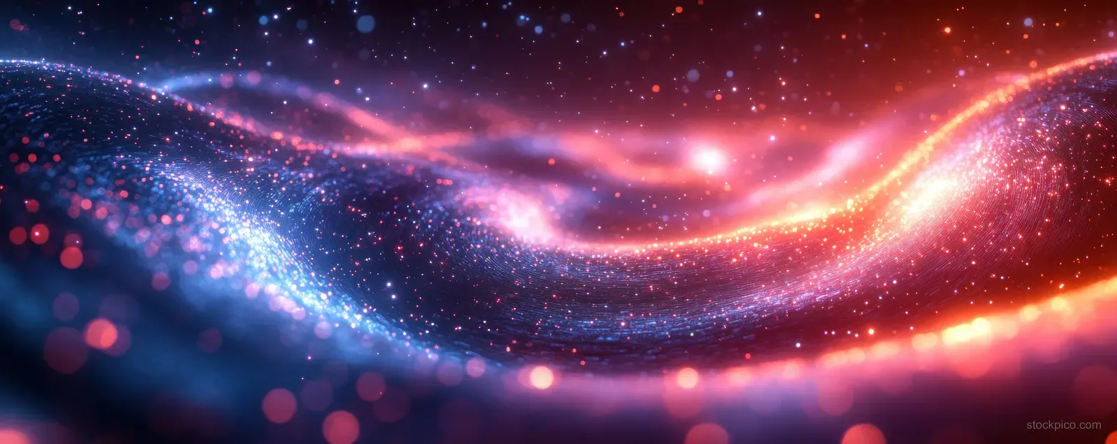 Neon blue and purple light trails swirl across a dark abstract cyber network background with glowing particles.