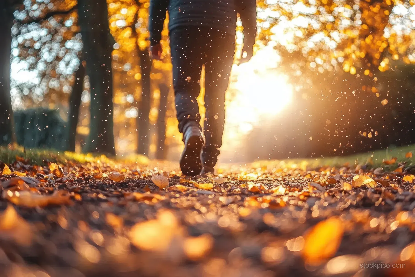 Boot steps on a dirt path scattered with golden leaves as sunlight glows through nearby trees.