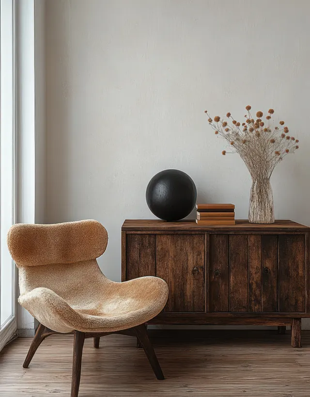 Minimal Scandinavian corner with a modern chair, rustic wooden cabinet, and dried flowers lit by window light.