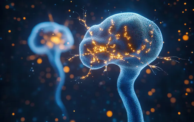 A glowing neuron synapse connection emits golden signal particles inside a soft blue biological network scene.