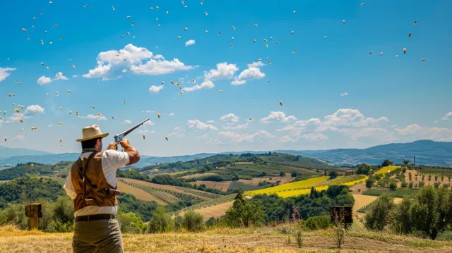 An Italian shotgun shooter aims at two flying clay targets over rolling countryside under a blue sky.