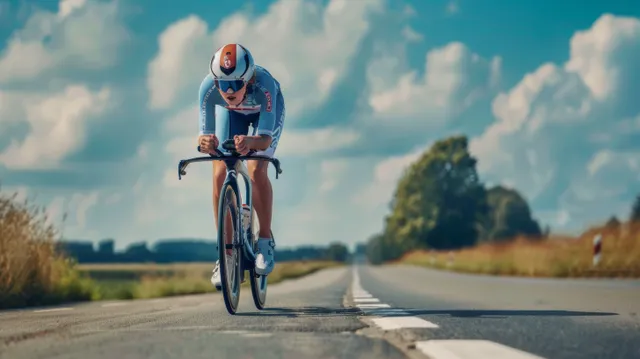 Female cyclist powers a time trial on Dutch road with aerodynamic bike and road markings