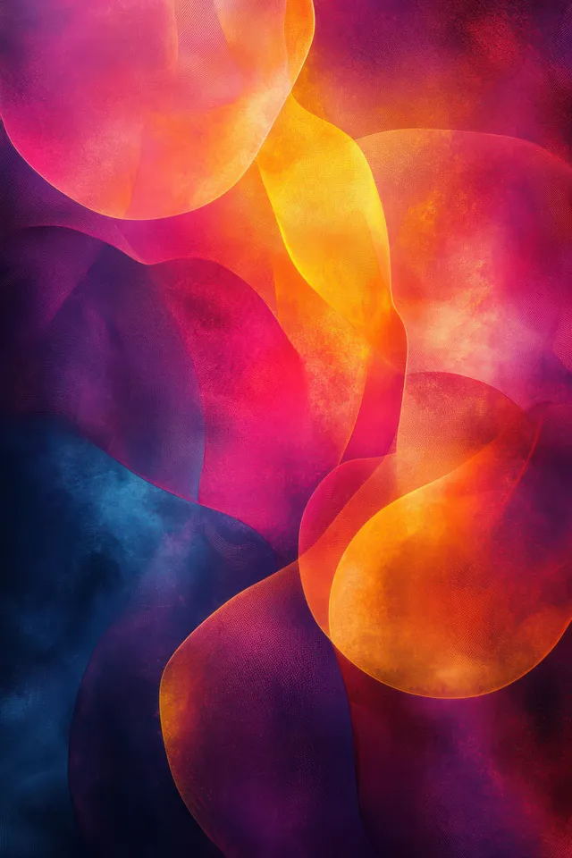 Abstract closeup of a saxophone player rendered with swirling magenta, orange, and purple shapes and digital light patterns.
