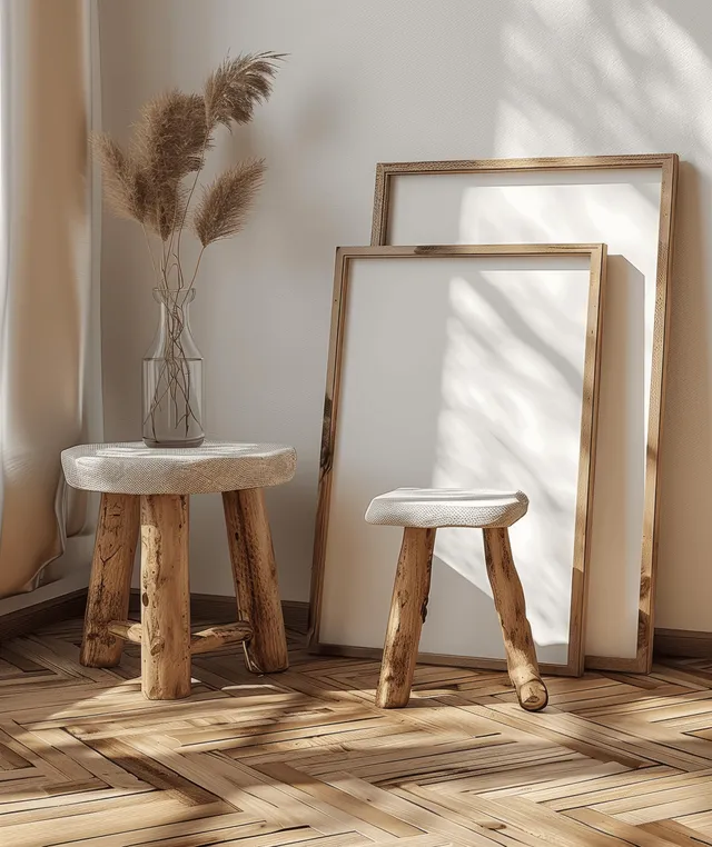 Rustic wooden picture frames and a small stool in a minimalist room with parquet flooring and sunlit shadows.