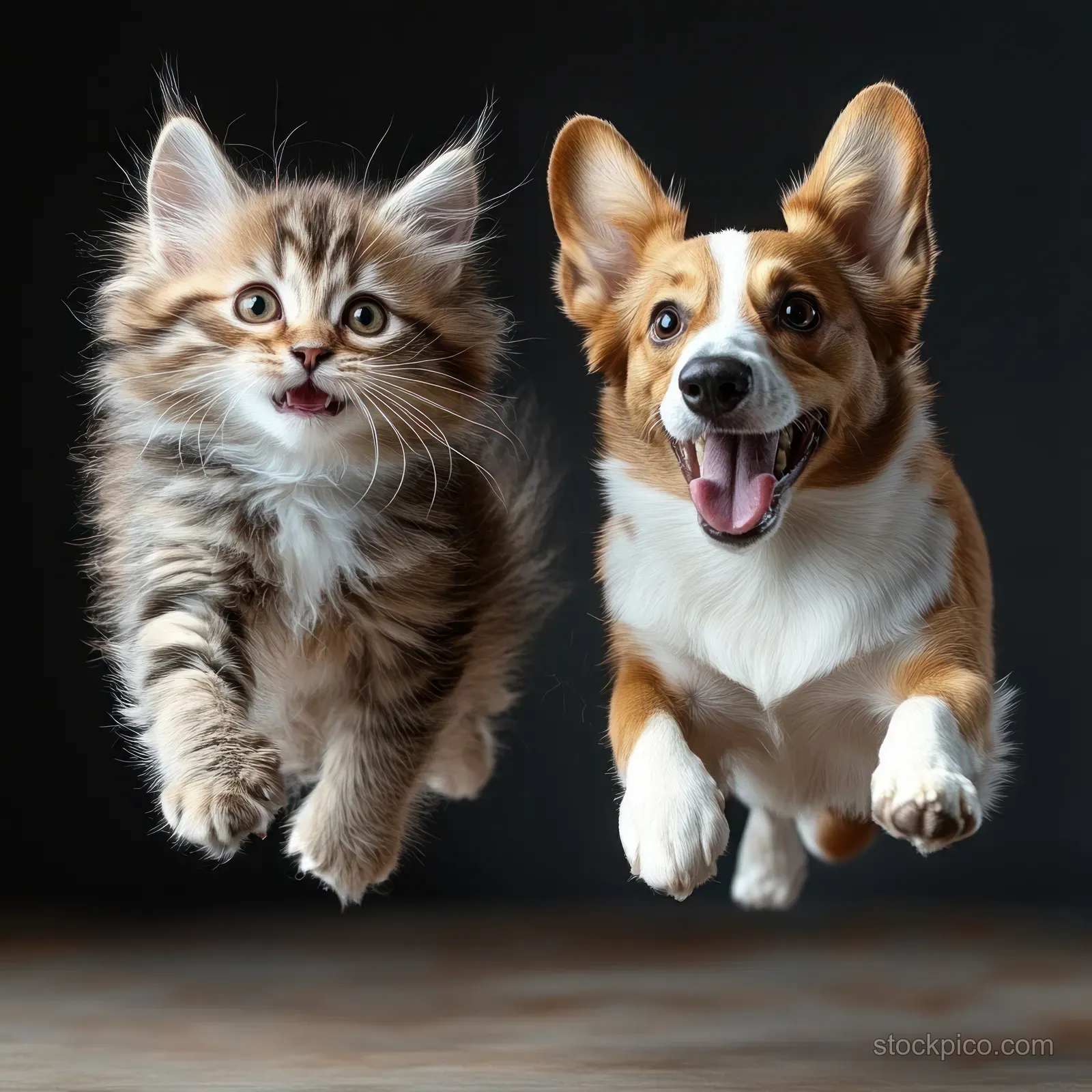 A fluffy kitten and a happy corgi dog leap together in midair, showcasing their playful energy against a dark background.