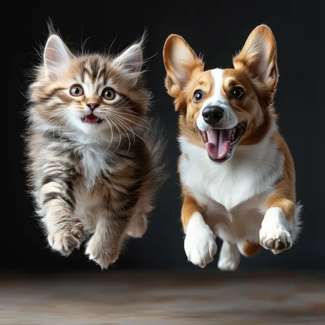 Playful Kitten and Corgi Dog Jumping Together in Midair