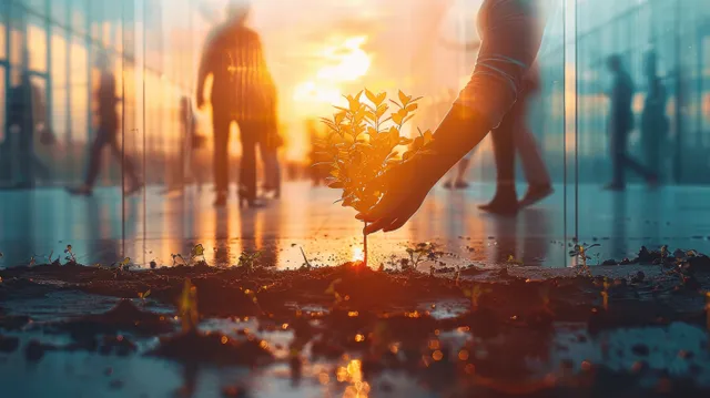 Blurred office coworkers discuss in a glass-walled room while a sunlit plant silhouette glows in the foreground.