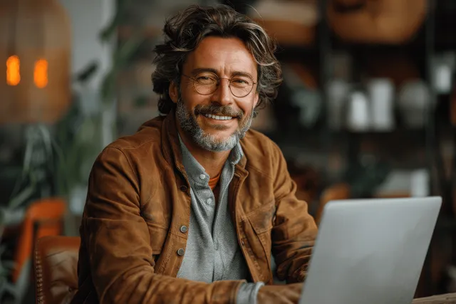 Smiling businessman joins an online video meeting on laptop during lunch break at office desk