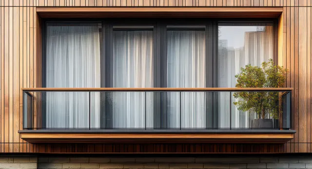 Modern balcony beside a paneled wooden facade with glass railing, sheer-curtained window, and a leafy potted plant.