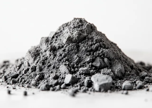 Gray heap of dry cement powder on a white background showing rough granular texture.
