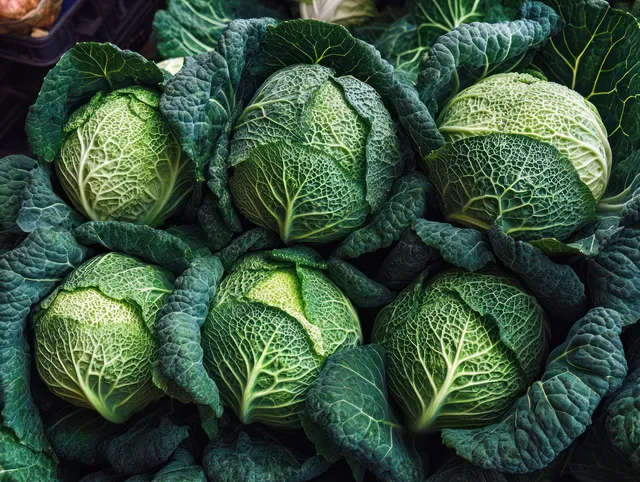 Close-up of stacked green savoy cabbage heads with crinkled leaves and visible leaf veins.