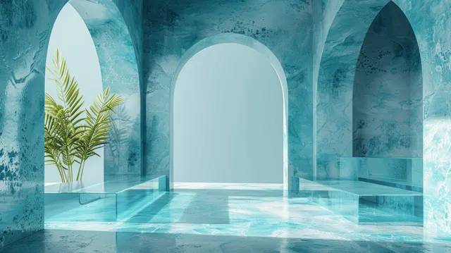 Turquoise arched interior with luminous pool, palms, and soft daylight shadows