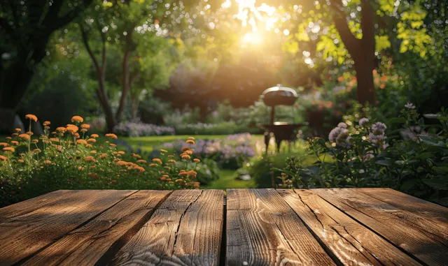 Wooden table in a backyard garden with sunlight filtering through trees over blooming flowers.