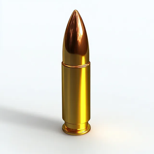 Single shiny golden bullet with copper tip standing upright on smooth white surface