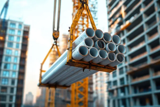 Crane lifts a bundle of light-blue pipes at an urban construction site