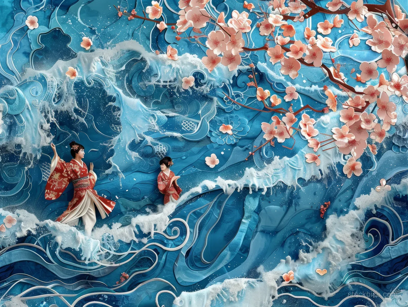 Two artistic swimmers choreograph in churning blue water while cherry blossoms float overhead.