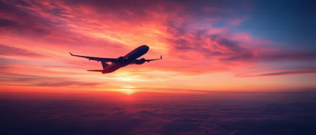 Silhouette airplane flying above clouds during an orange and purple sunset with the sun near the horizon.