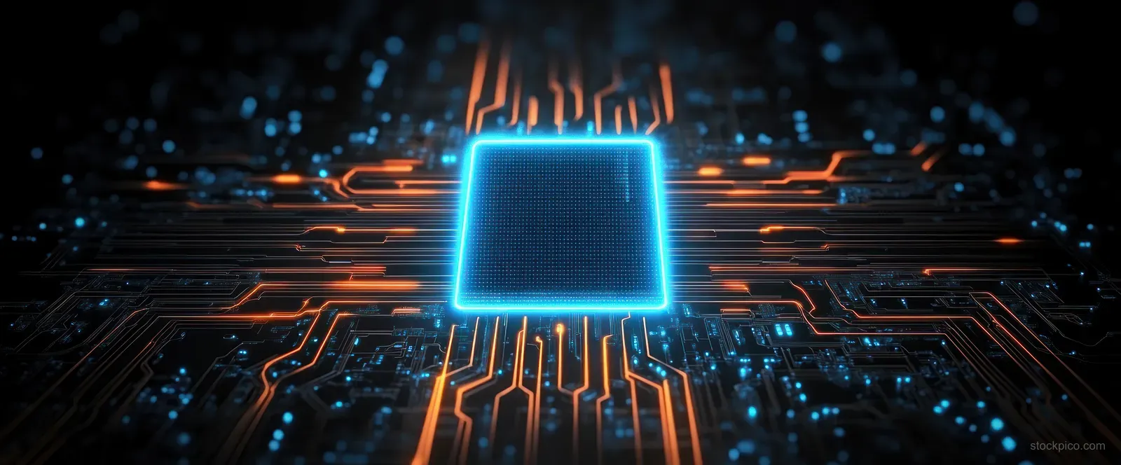 A glowing microchip centered on a dark circuit board with bright blue and orange glowing connection paths.