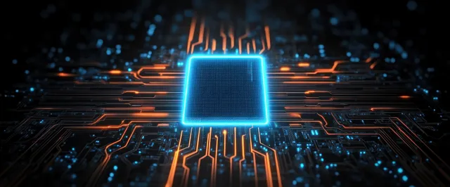A glowing microchip centered on a dark circuit board with bright blue and orange glowing connection paths.