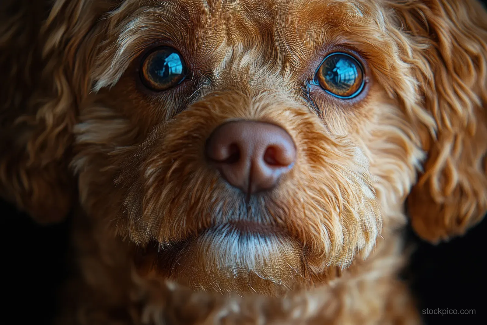 Close-up of a poodle beside a woman indoors, both facing the camera with a gentle affectionate expression.