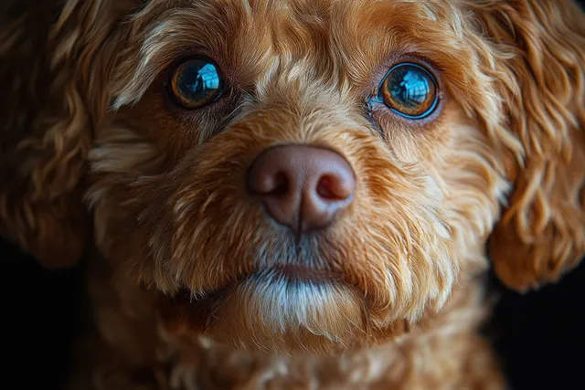 Close-up portrait of a woman with a poodle, indoors, gazing with affectionate bond