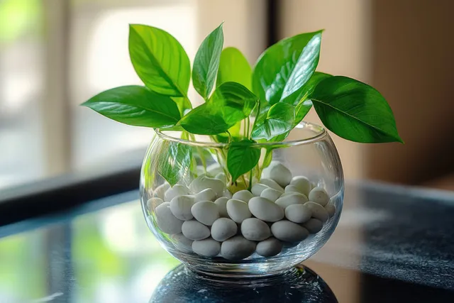 Green leaves emerge from white pebbles inside a clear glass bowl on a table near a bright window.