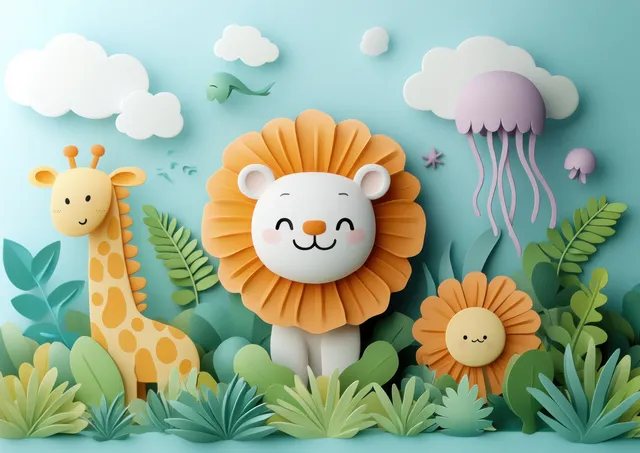 Lion and giraffe nursery illustration with jellyfish clouds, pastel tropical plants and soft 3D decor