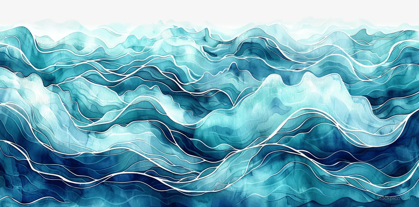 Teal watercolor ocean waves with layered ripples flow across a textured sea background.