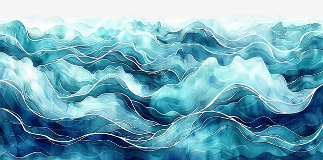Hand-drawn teal watercolor ocean waves rippling across a textured sea backdrop