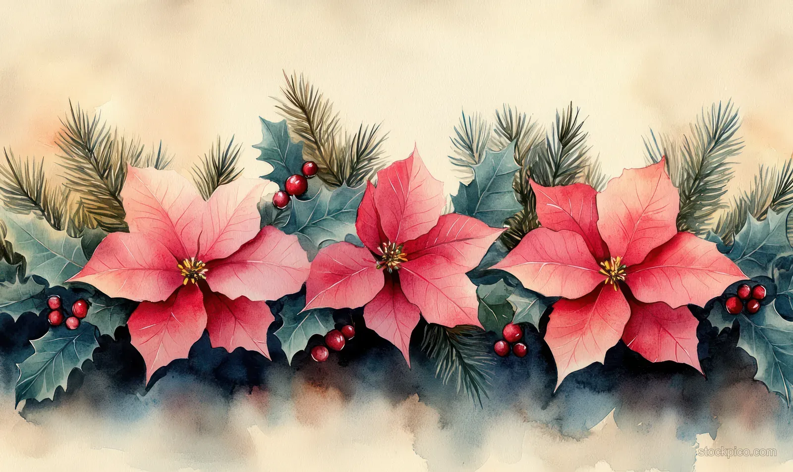 Watercolor poinsettias with holly berries and pine branches forming a Christmas border over a light background.