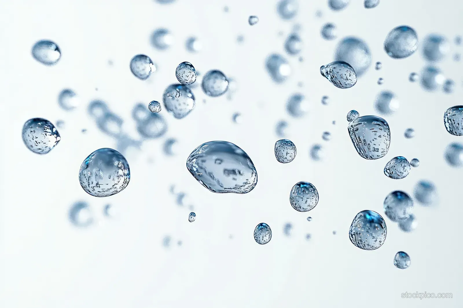 Multiple clear water droplets float in the air, each reflecting light against a soft blue background.