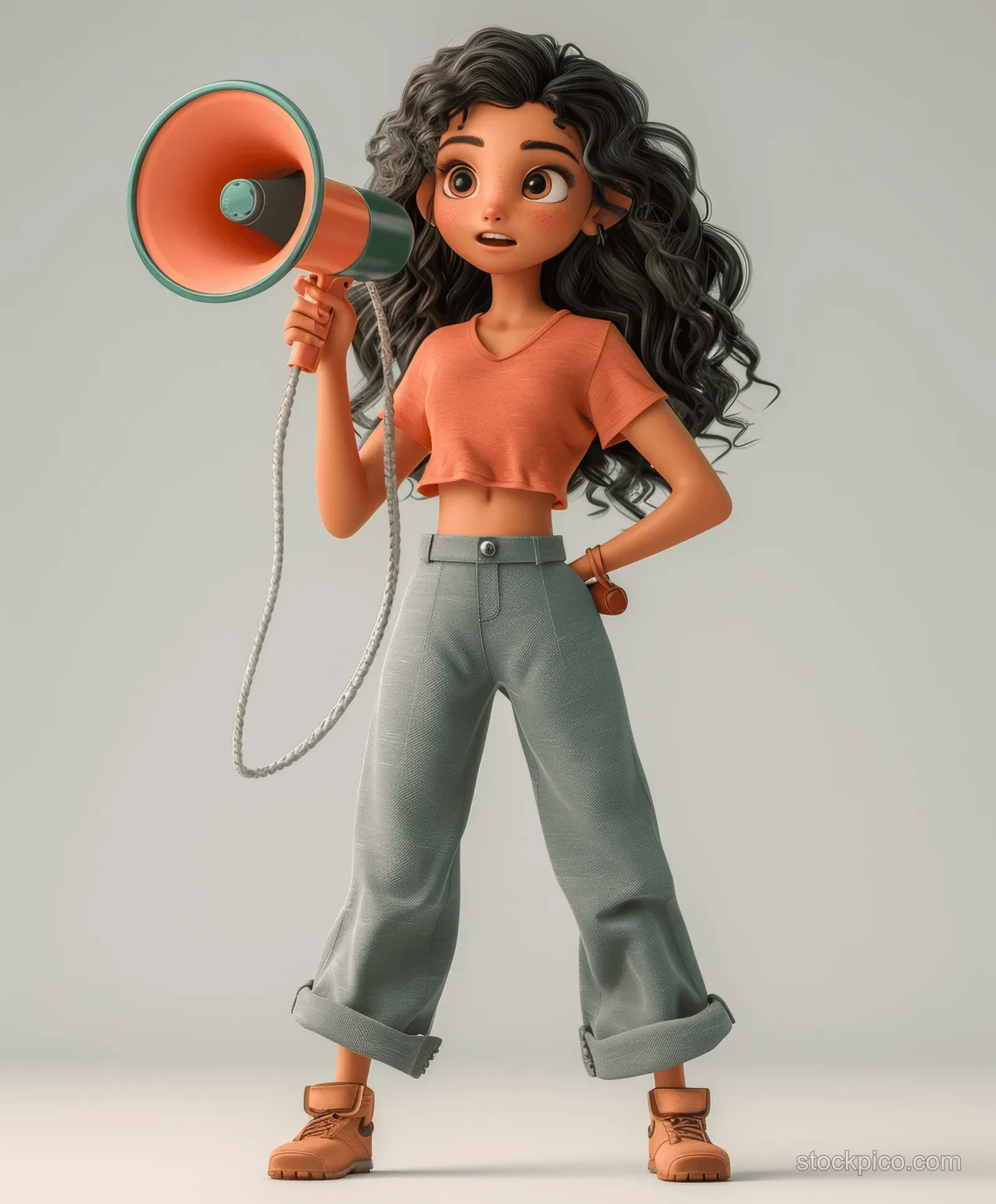3D cartoon woman holding a megaphone in side view on a solid white background.