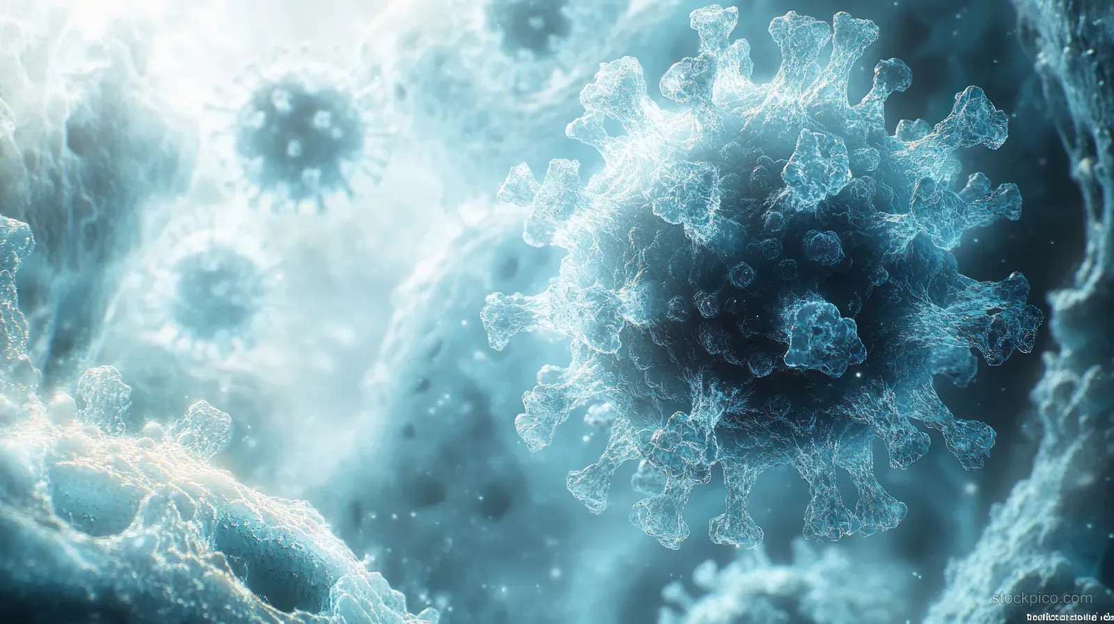 Glowing virus particles float in a blue microscope-like background with faint DNA strand patterns.