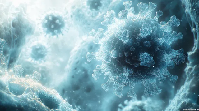 Glowing virus particles float in a blue microscope-like background with faint DNA strand patterns.