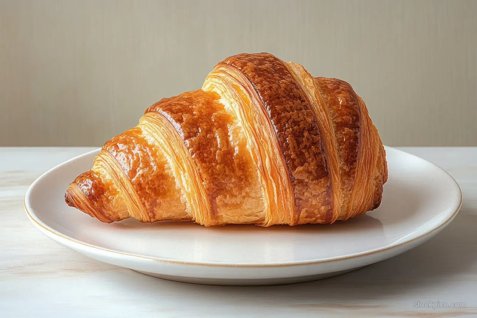 Golden brown flaky croissant on a white ceramic plate on a light wooden table against a neutral background.