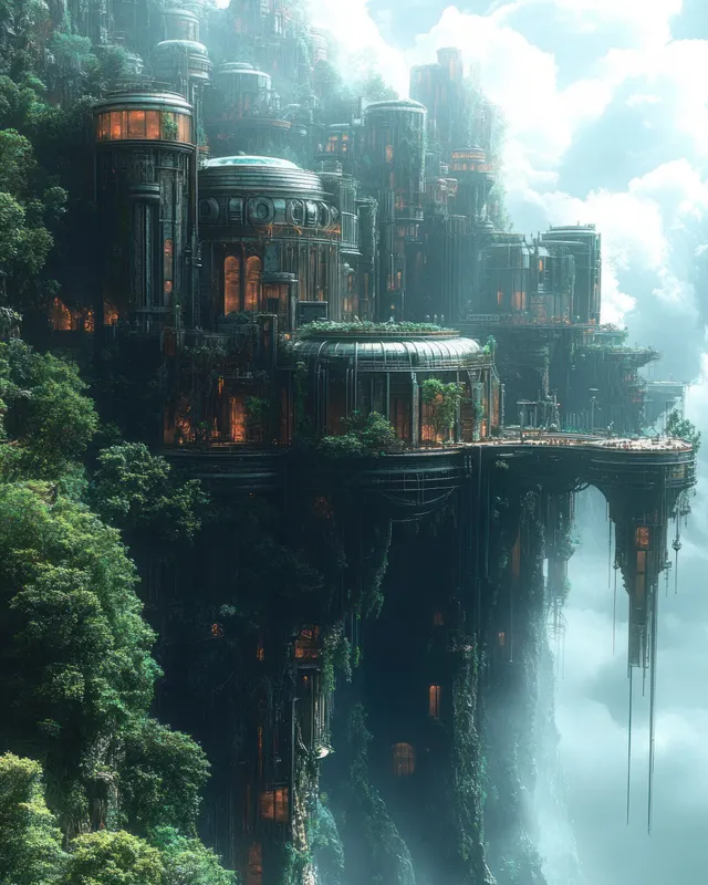 A mystical cityscape with cylindrical towers wrapped in greenery, perched on cliffs above the clouds in soft morning light.