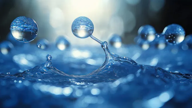 Interconnected water molecule shapes drift above rippling liquid with soft blue bokeh bubbles in a surreal macro view.