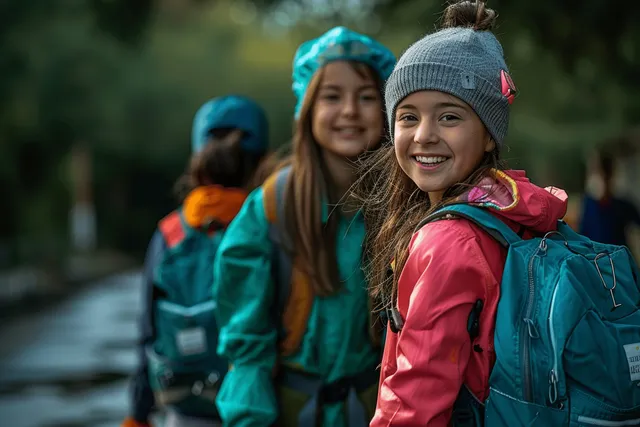 Smiling students in teal jackets walking outdoors with bright backpacks and winter beanies
