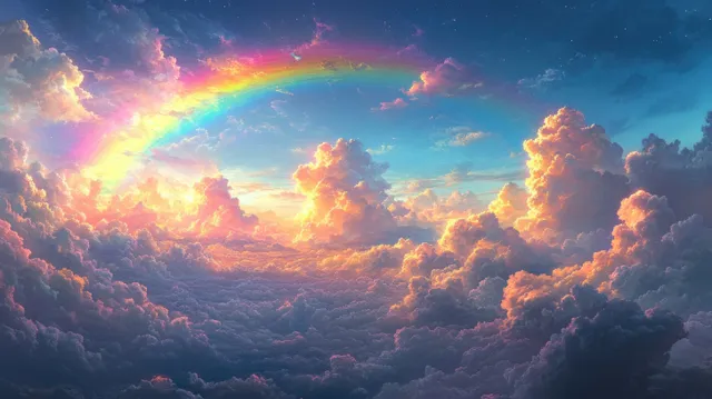 A pixel-art rainbow spans a dusk sky filled with fluffy clouds and glowing pastel light.