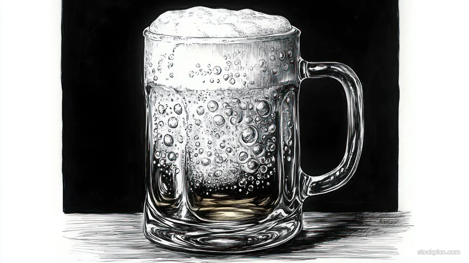 A monochrome drawing of a glass mug filled with fizzy drink and foam, reflecting on a dark surface.