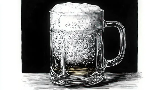 A monochrome drawing of a glass mug filled with fizzy drink and foam, reflecting on a dark surface.